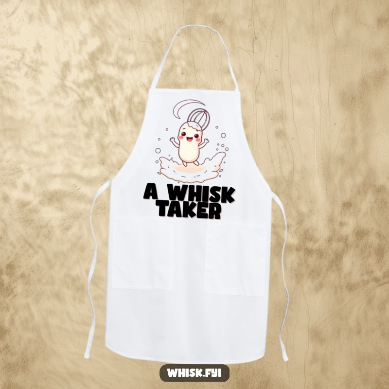 Funny whisk character in mid-twirl within a flour cloud, featured on a practical apron for humorous baking sessions.