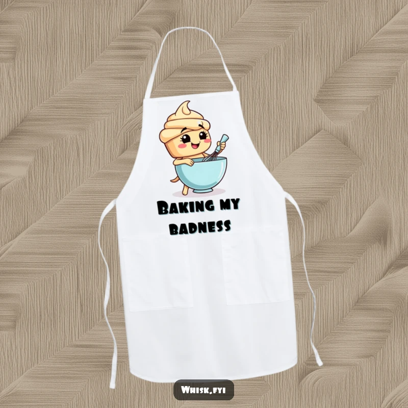 Funny cupcake apron showing a smiling baker character energetically whisking a large bowl of dough.