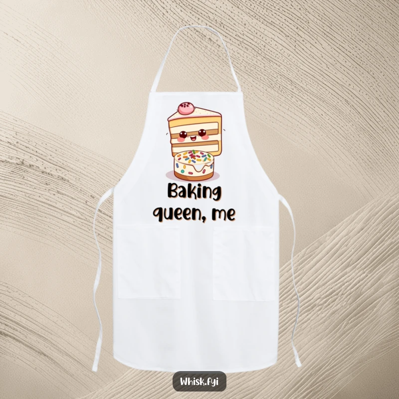 Funny apron with a happy slice of cake decorating a small cake with sprinkles, protecting clothes.