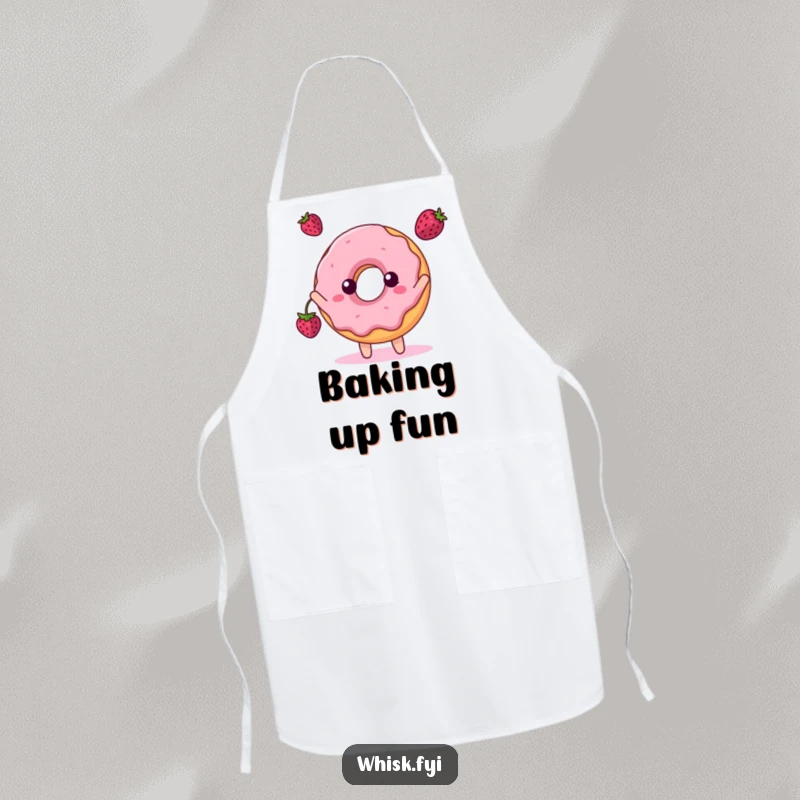 Funny apron with a playful donut character tossing a berry, ready for sweet culinary creations.