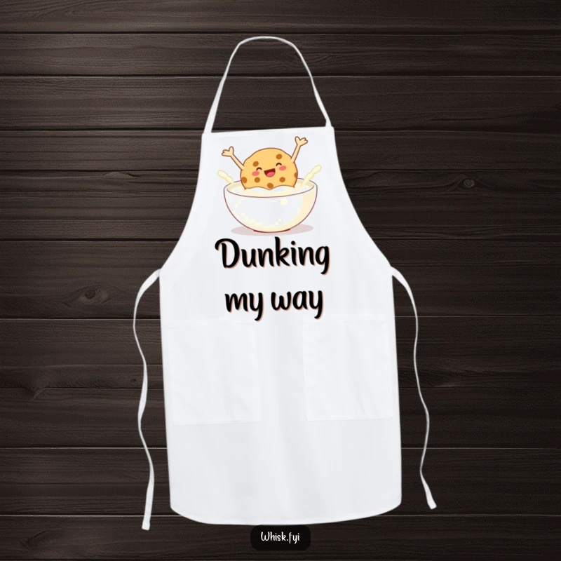 Funny apron showing a giggling cookie jumping into a bowl of milk, perfect for kitchen tasks with a playful, humorous twist.