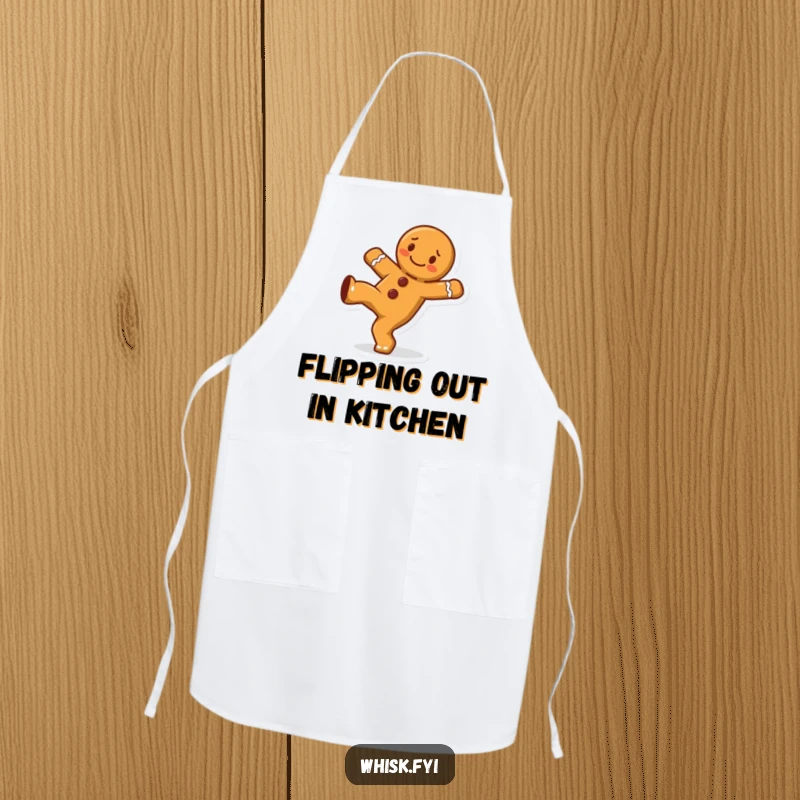 Funny cheerful gingerbread man character doing a cartwheel on a baking apron, ready for kitchen fun.