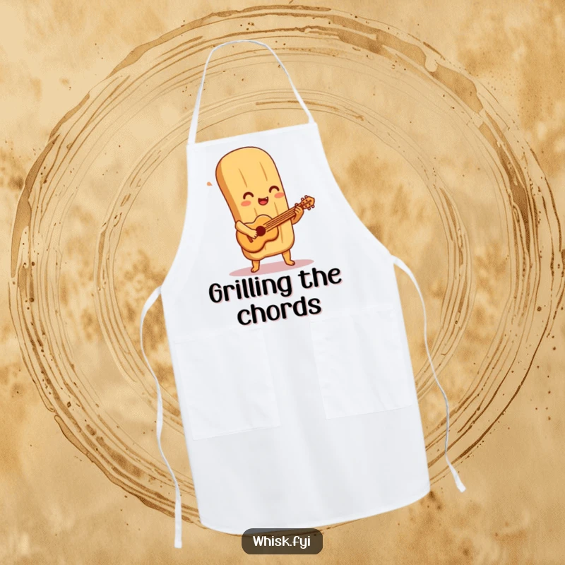 Funny baguette apron shows a delighted baguette character playing a miniature pastry guitar, a humorous and practical kitchen accessory.