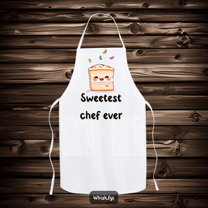 Funny cake apron depicting a playful slice of cake juggling colorful sprinkles, adding fun to baking.