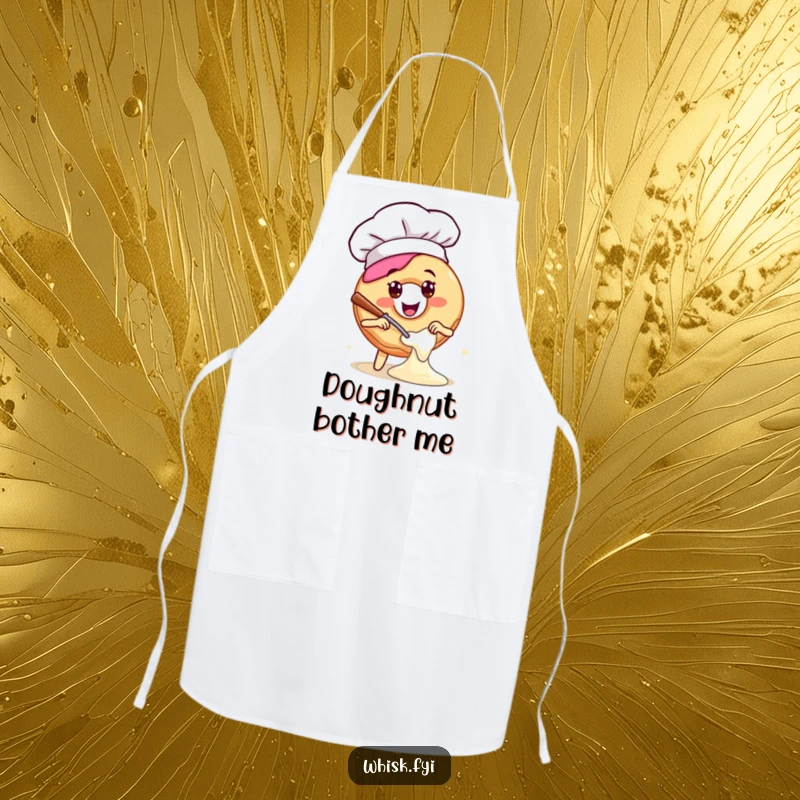 Funny apron with a happy donut in a chef hat, enthusiastically mixing batter, ready for kitchen adventures with a side of humor.