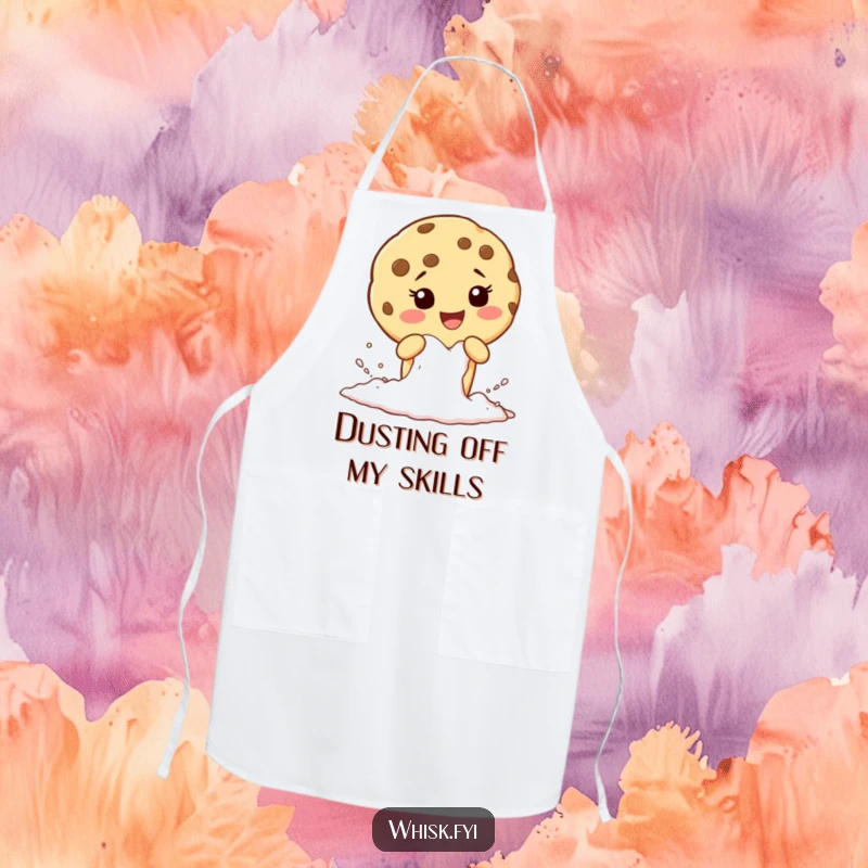 Funny apron featuring a giggling cookie character sifting flour, perfect for keeping clothes clean during baking.