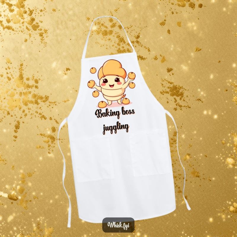 Funny apron featuring a smiling croissant character juggling bread rolls, ready to conquer any kitchen task.