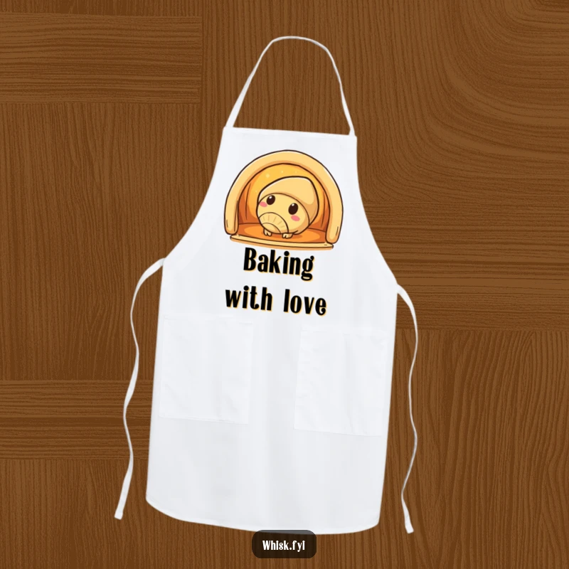 Funny croissant apron showing a curious croissant character peeking into a warm oven, ideal for baking and cooking.