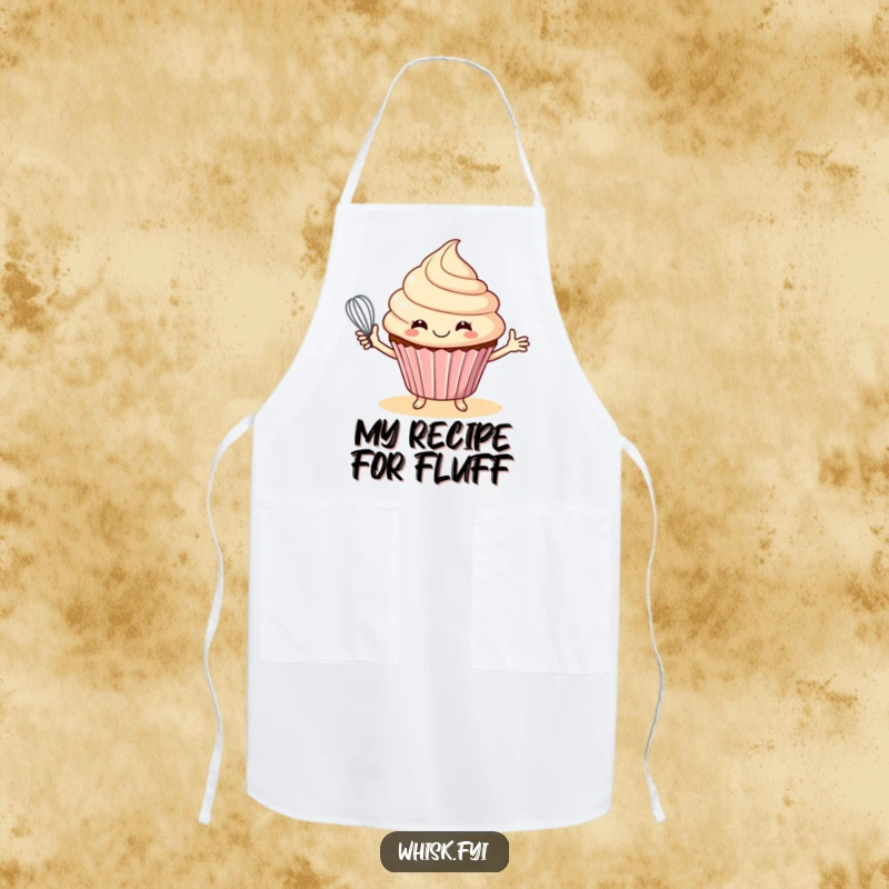 Funny apron featuring a smiling cupcake offering a whisk, perfect for keeping clothes clean during baking.