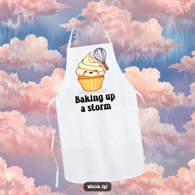 Funny cheerful cupcake joyfully swirling batter with a whisk while wearing a chef hat humorously.