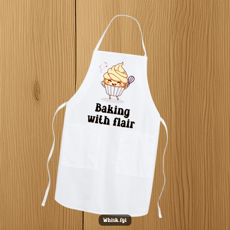 Funny apron with a smiling cupcake character playfully twirling a whisk, perfect for protecting clothes with sweet baking humor.