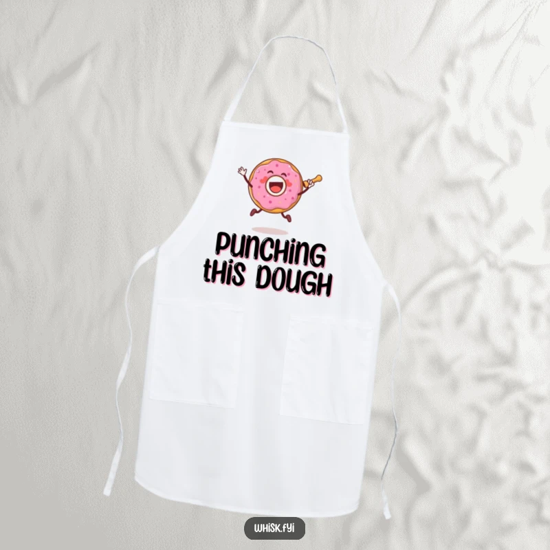 Funny apron featuring a joyful donut character jumping with a rolling pin, perfect for keeping clothes clean while baking.