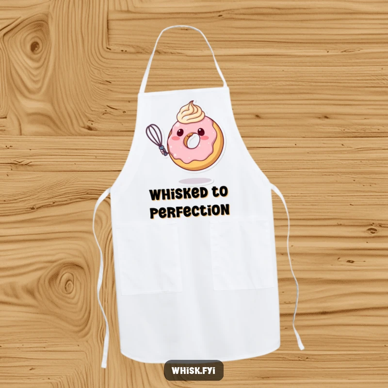 Funny donut character wearing an apron, skillfully swirling frosting with a whisk, ready for baking adventures on this fun kitchen apron.
