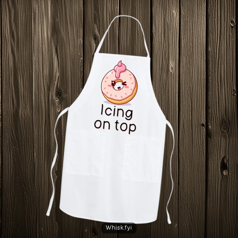 Funny apron with a winking doughnut character frosting another doughnut, perfect for bakers.