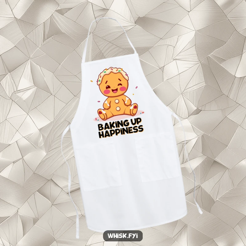Funny gingerbread man apron, enthusiastically decorating with sprinkles, a cheerful and functional kitchen accessory.