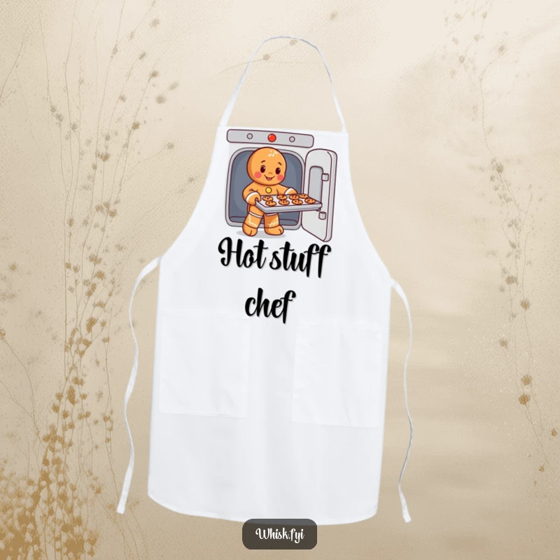 Funny apron for bakers, showing a playful gingerbread man expertly removing a tray of cookies from an oven, functional and festive.