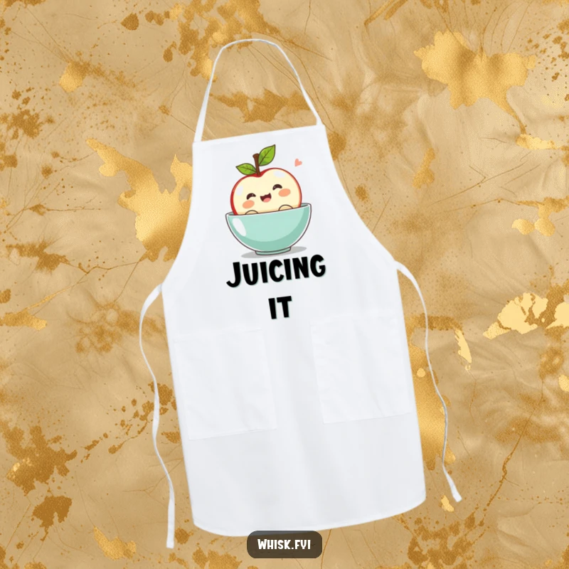 Funny kawaii apple apron, bobbing with excitement in a bowl, kitchen-themed and amusing.