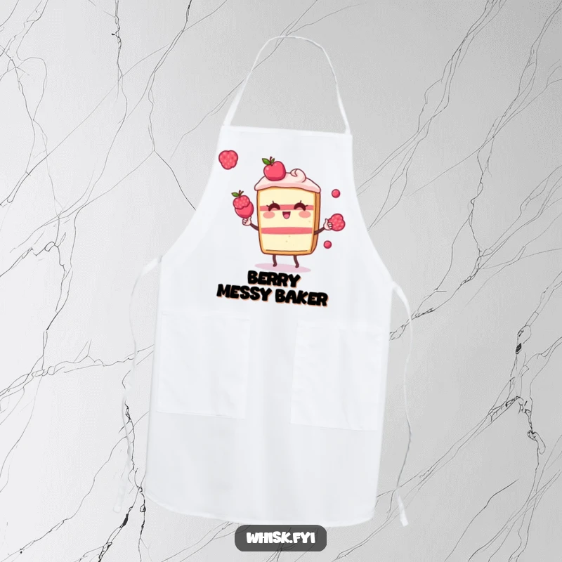 Funny Kawaii cake apron, showing a playful cake slice character juggling small berries, perfect for sweet kitchen adventures.