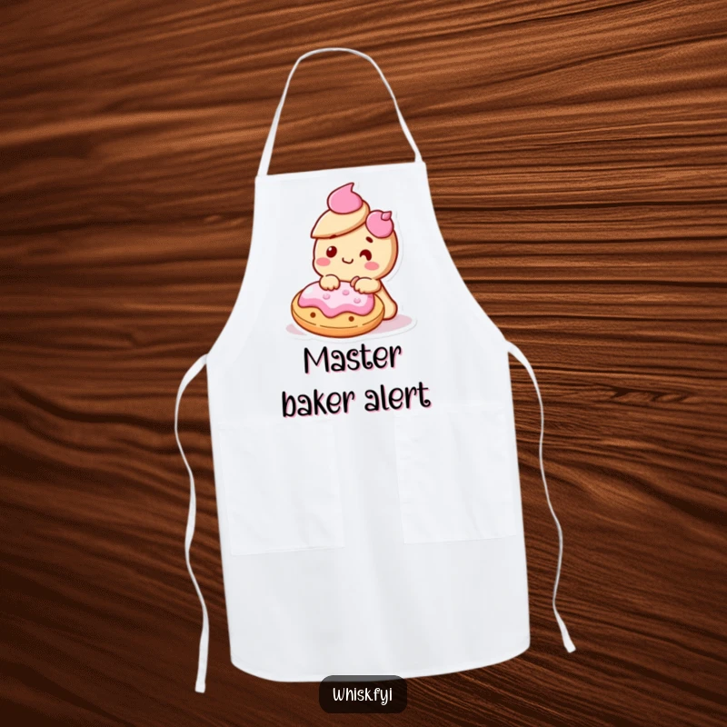 Funny Kawaii cookie character delighted and icing another cookie on a cooking apron, ready for detailed decorating.