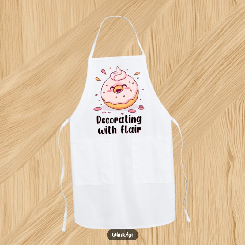 Funny kawaii donut joyfully splattering frosting with playful abandon, on a durable apron. Great for messy baking sessions.