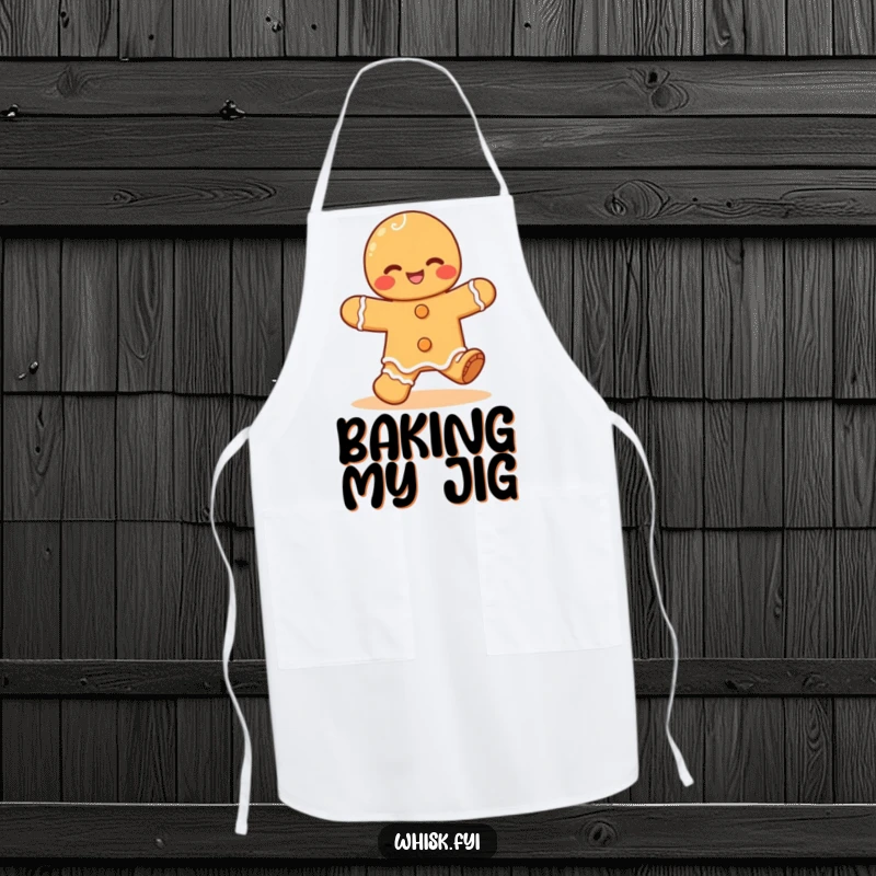 Funny Kawaii gingerbread apron, showing a giggling gingerbread man doing a happy jig, perfect for joyful baking.