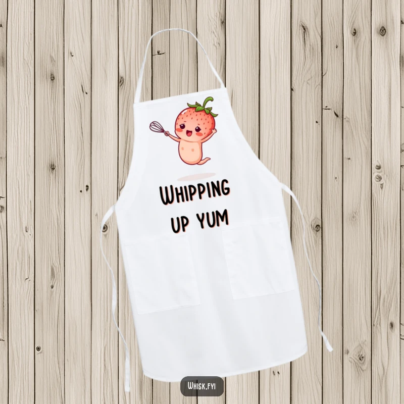 Funny kawaii strawberry apron, performing a cartwheel while holding a tiny whisk, whimsical and hilarious bakers wear, perfect funny gift.