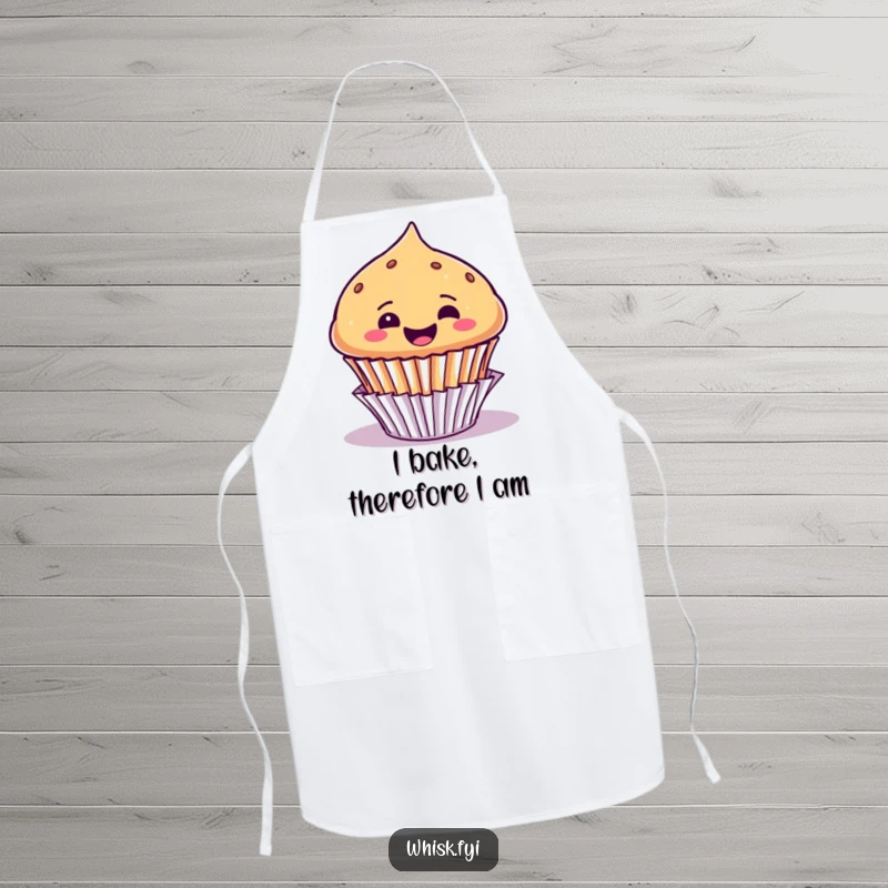 Funny apron showing a joyful muffin character popping out of its paper liner with an infectious, happy expression.