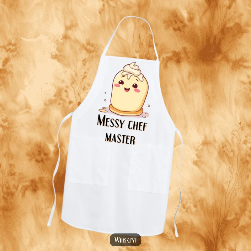 Funny apron featuring a happy pancake character attempting a self-flip, ready to tackle any breakfast challenge.
