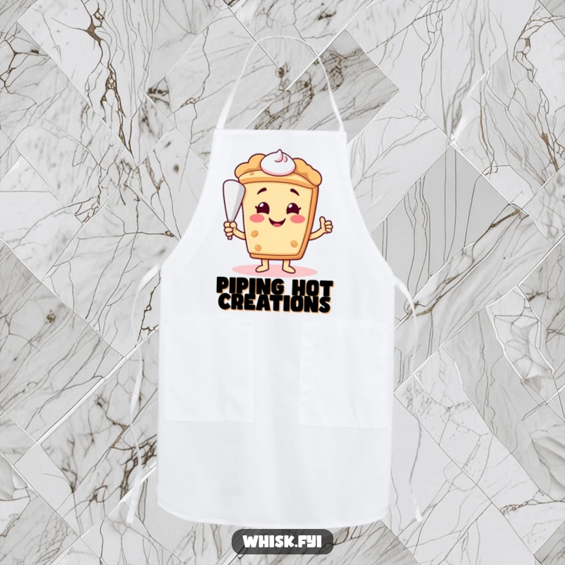 Funny smiling slice of pie character offering a piping bag on a baking apron, ready for culinary creations.