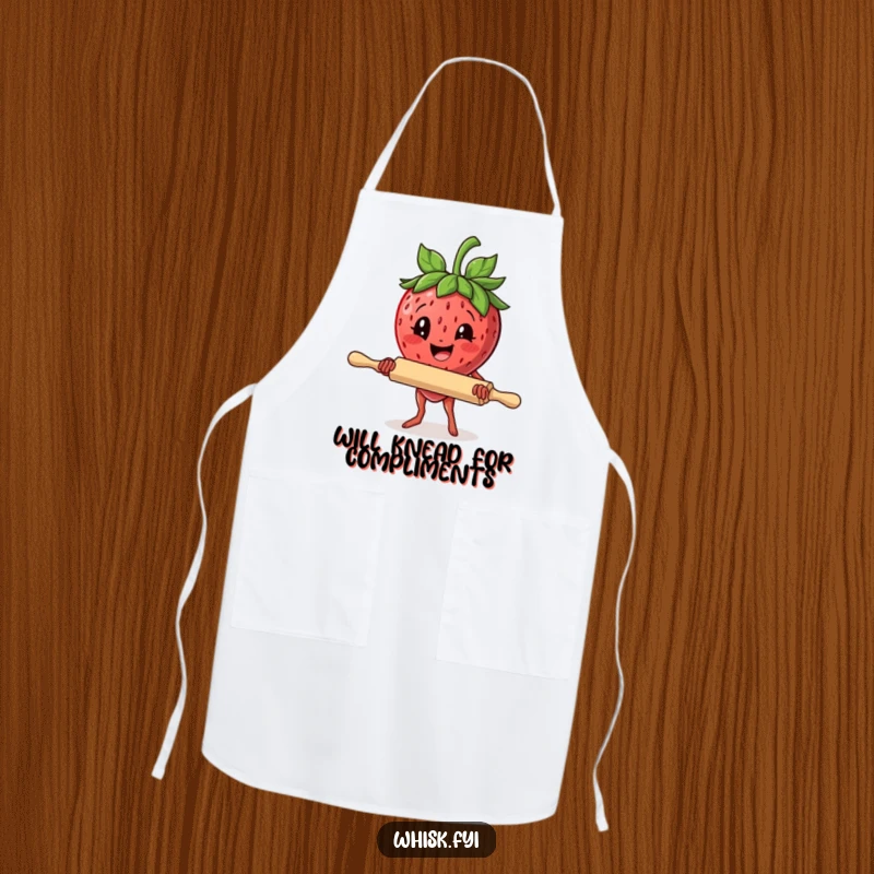 Funny apron with a delighted strawberry holding a rolling pin, ready to bake with determination, ideal for chefs.