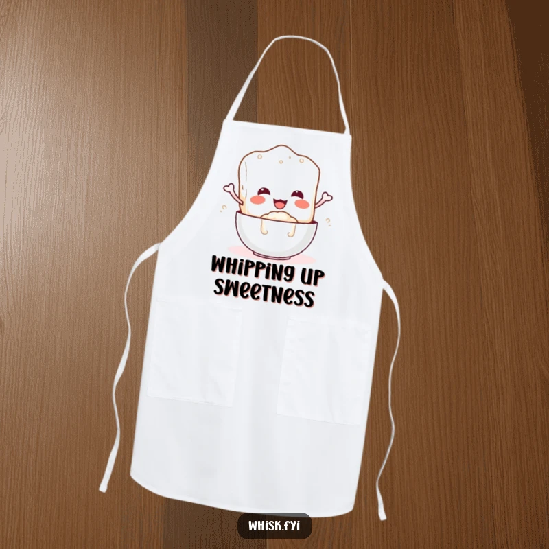 Funny apron with a joyful sugar cube character pouring sugar, ideal for kitchen humor and protection.