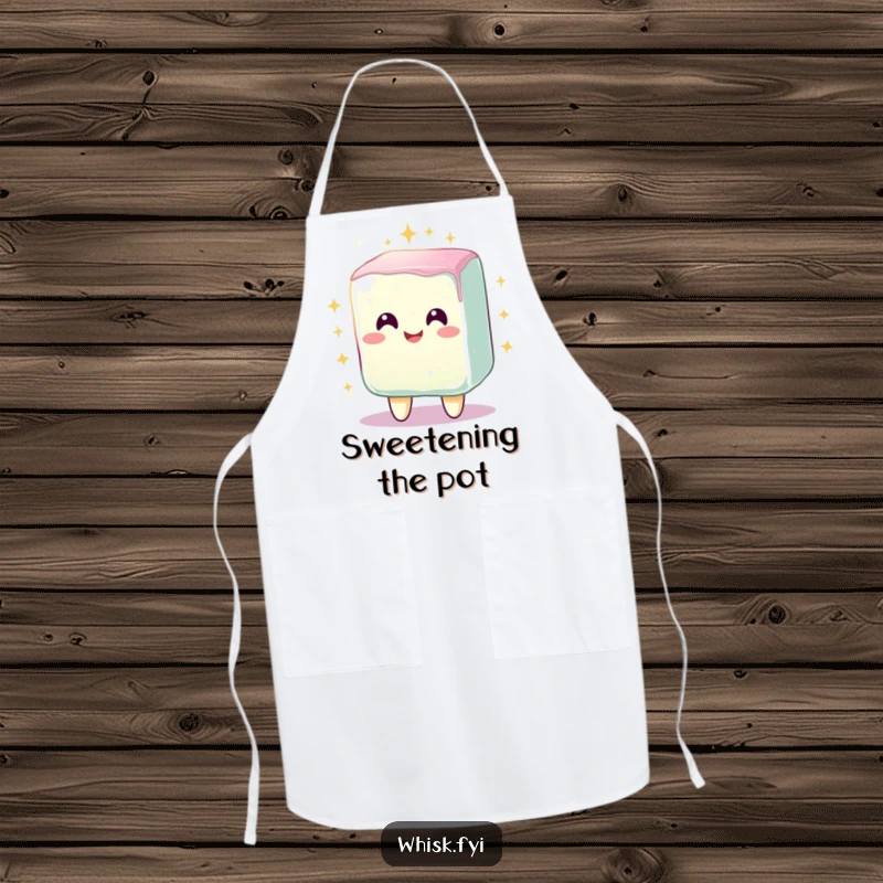 Funny apron for bakers, showing a radiant, smiling sugar cube character sparkling brightly, functional and sweetly designed.