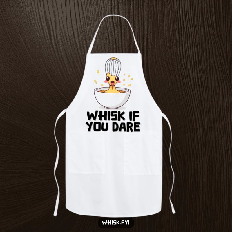 Funny Whisk Apron depicting a surprised whisk spinning wildly in a bowl, ideal for humorous cooking and baking sessions.