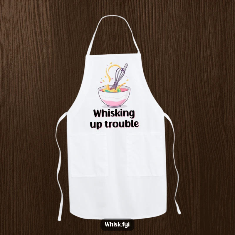 Funny apron showing a giggling whisk spinning rapidly in a bowl of batter, for stylish kitchen protection.