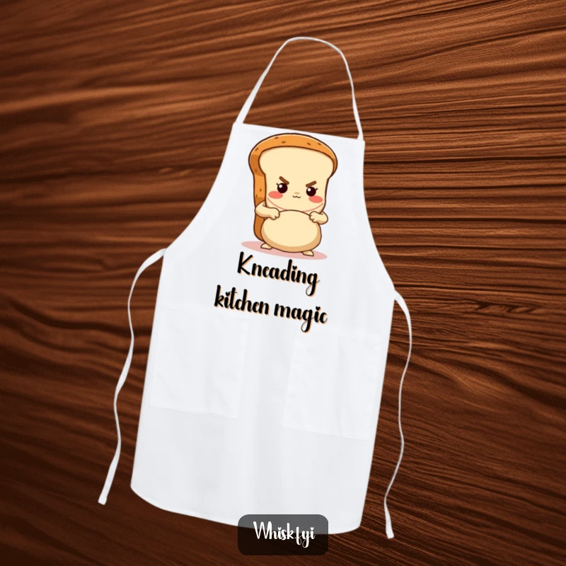 Funny determined brown bread loaf character kneading dough with gusto on a baking apron, a functional baker's humor gift.