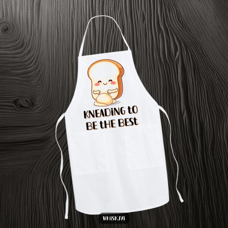 Funny apron featuring a smiling, round bread slice character joyfully kneading dough with tiny hands, ideal for playful cooks.