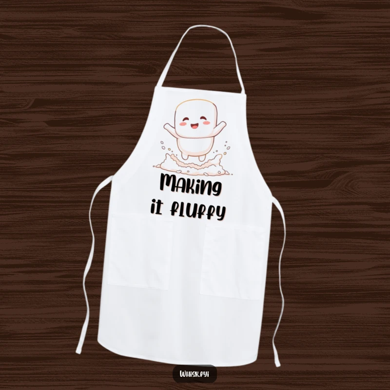 Funny giggling white marshmallow character jumping into a flour cloud on a baking apron, a hilarious kitchen accessory.