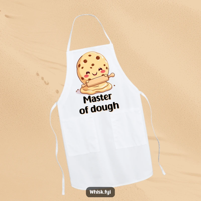 Funny apron showing a joyful cookie character with a tiny rolling pin, engaged in the act of making dough.