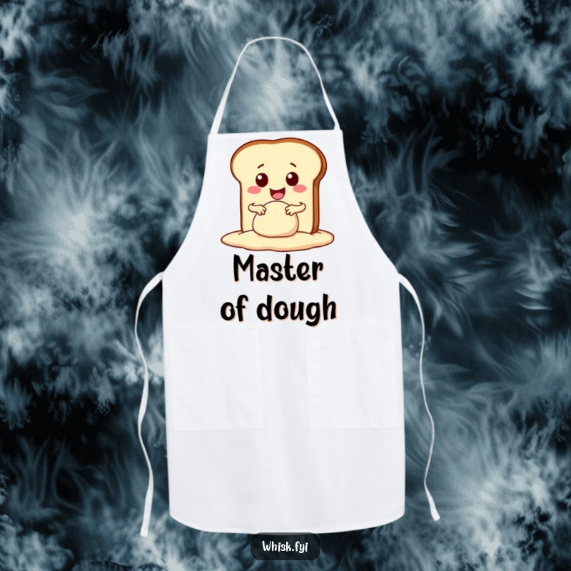 Funny kawaii bread slice enthusiastically kneading dough with a wide smile, on a durable apron. Great for messy baking sessions.