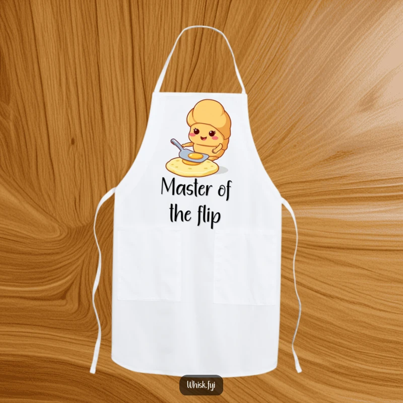 Funny smiling croissant expertly flipping a pancake with a spatula while wearing a chef hat humorously.