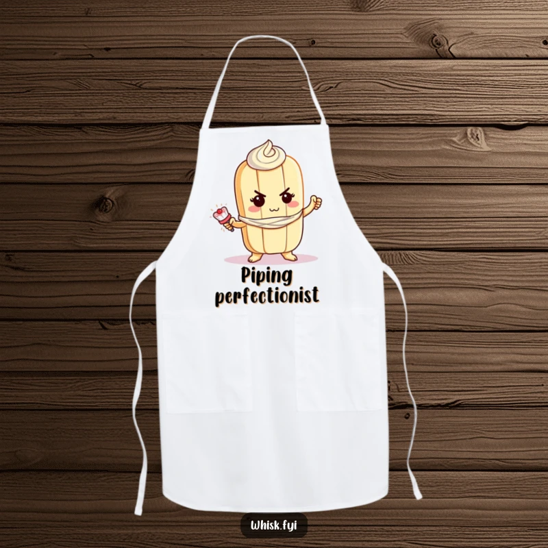 Funny baguette apron showing a determined baguette character bravely piping frosting, ideal for baking and cooking.
