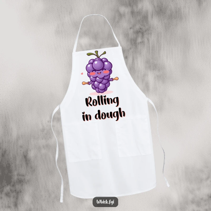 Funny blushing purple grape character with tiny arms joyfully rolling out dough with a small pin on an apron.