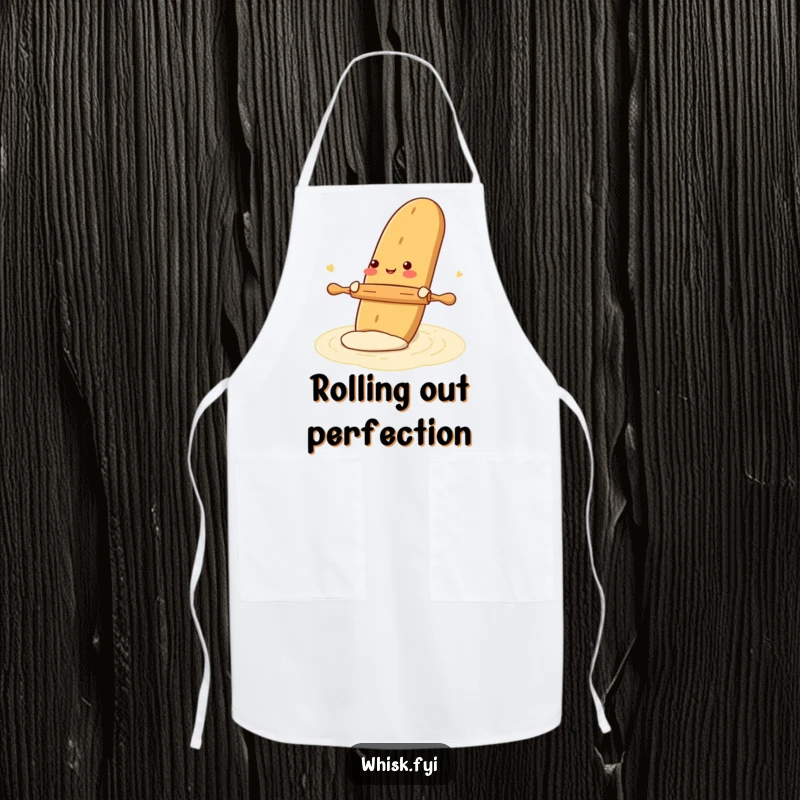 Funny apron depicting a gleeful baguette rolling out dough with a tiny rolling pin, ideal for kitchen protection with a humorous baking theme.