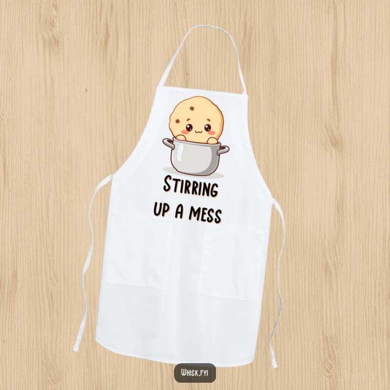 Funny kawaii cookie apron showing a curious cookie character stirring a steaming pot, ready for culinary discovery.