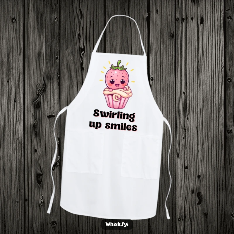 Funny strawberry character proudly grinning while decorating a cupcake, on a baking apron, a fun and functional kitchen gift.