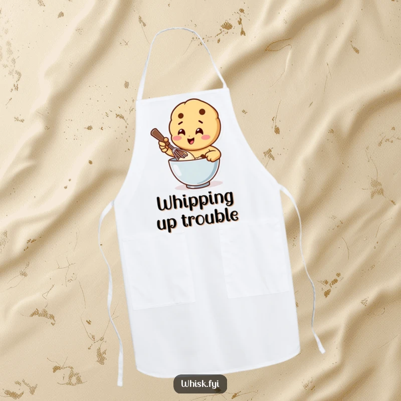 Funny apron with a happy cookie character vigorously whisking batter in a bowl, ideal for protecting clothes with baking humor.