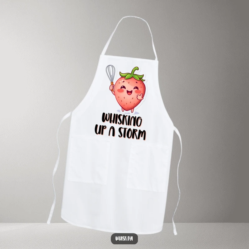 Funny strawberry apron showing a happy strawberry character playfully holding a whisk, ideal for baking and cooking.