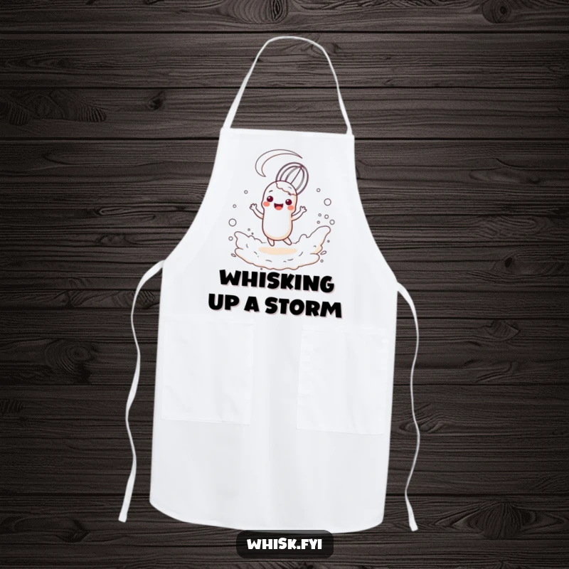 Funny apron with a happy, anthropomorphic whisk character twirling playfully in a cloud of flour, perfect for a fun cook.