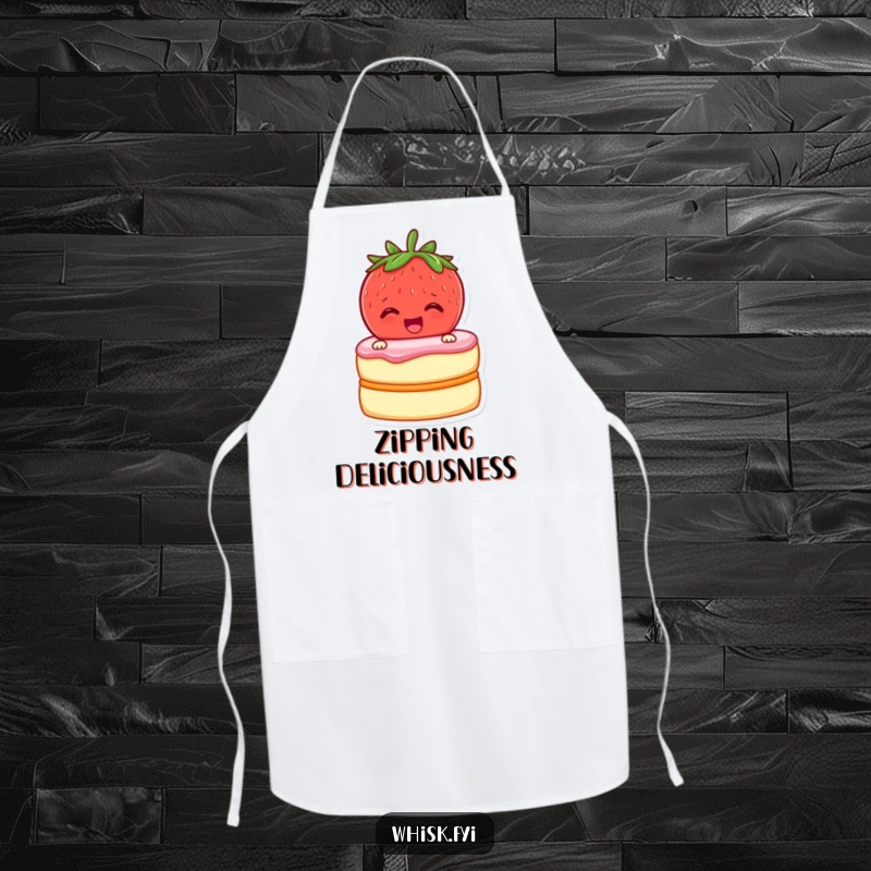 Funny apron showing a cheerful strawberry zipping cake layers together, ideal for a fun baking experience.