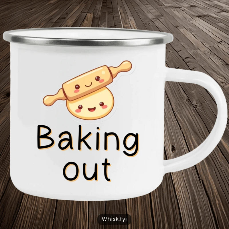 Funny kawaii rolling pin camping mug, merrily rolling over a smiling piece of dough, outdoorsy and cheerful.